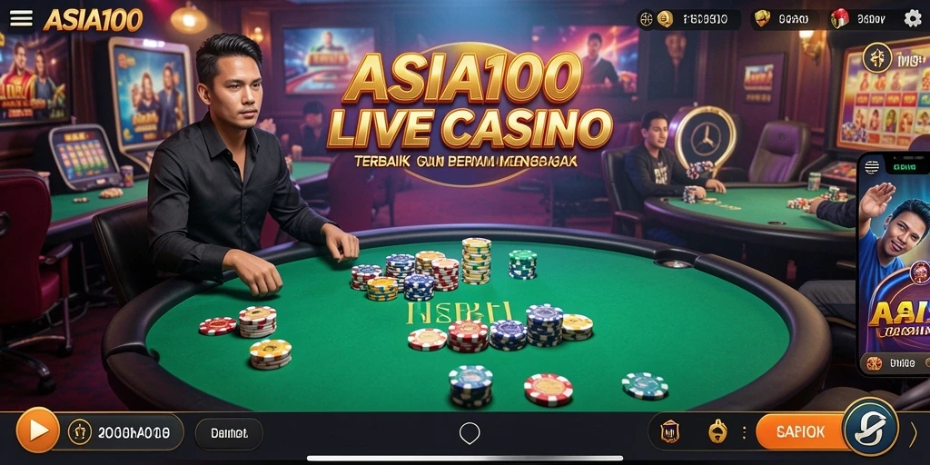 Screenshot gameplay ASIA100 yang menampilkan dealer langsung di Live Casino.