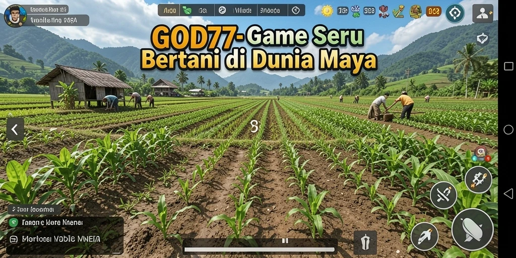 Screenshot dari gameplay GOD77 yang menunjukkan aktivitas bertani