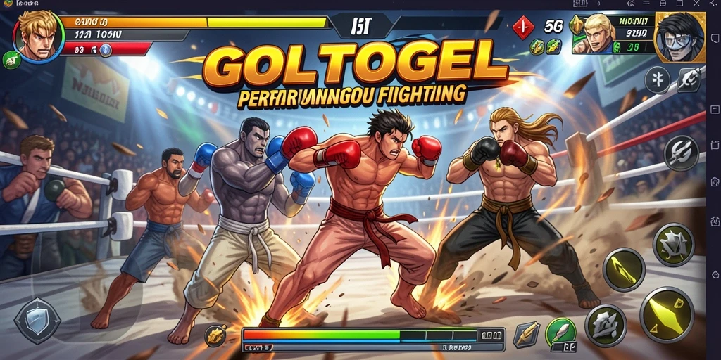 Screenshot utama GOLTOGEL menampilkan pertarungan karakter yang intens.