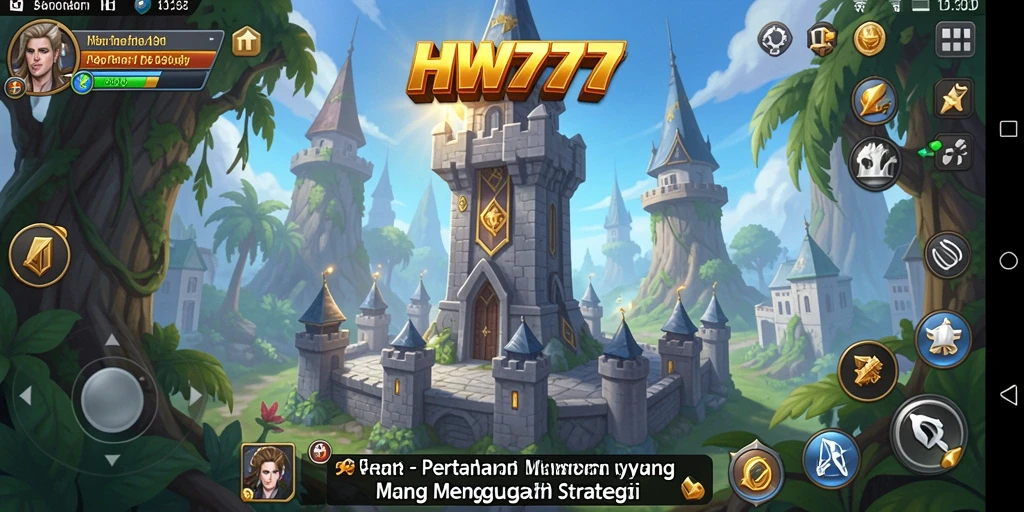 Screenshot dari gameplay Tower Defense HW777 yang menampilkan menara dan strategi.
