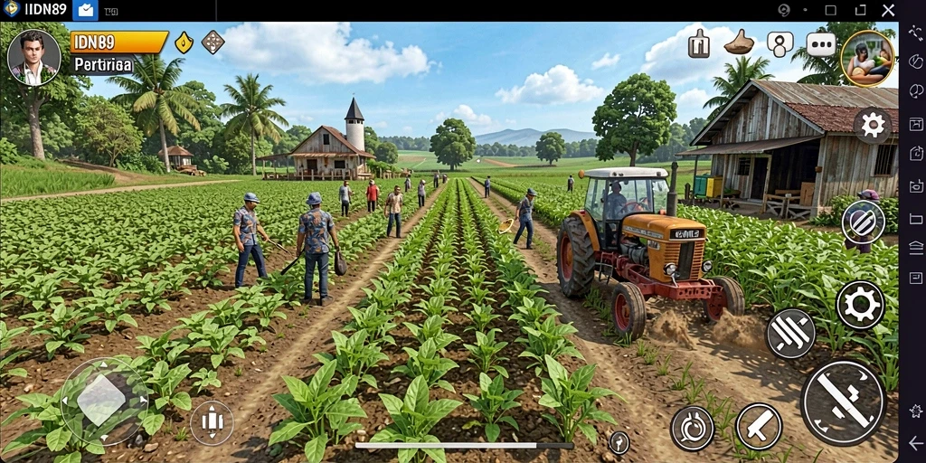 Tampilan gameplay IDN89 dengan ladang yang subur dan aktif.