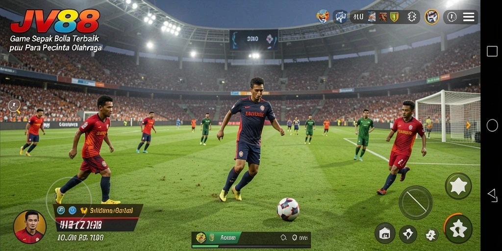 Screenshot utama JV88 menampilkan aksi seru di lapangan sepak bola.