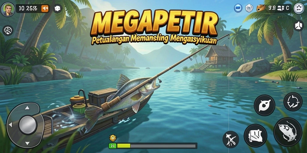 Screenshot gameplay <strong>MEGAPETIR</strong> menampilkan aksi menyeronokkan saat memancing di laut.