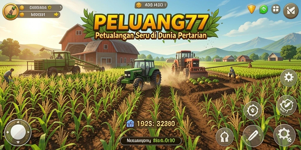 Screenshot utama PELUANG77 menampilkan aktivitas bertani yang dinamis.