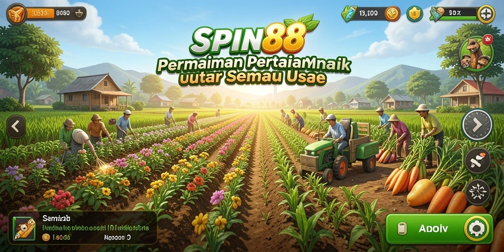 Tangkapan layar gameplay SPIN88 yang menunjukkan ladang yang subur dan hewan ternak.
